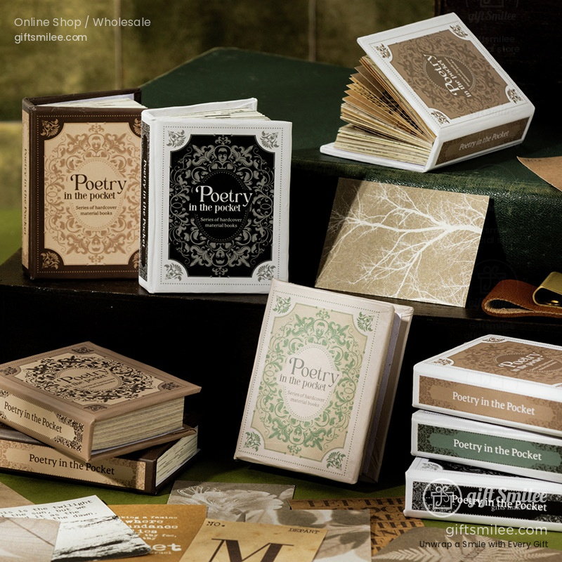 Elegant mini hardcover books with ornate green black and brown covers embossed patterns and vintageinspired design