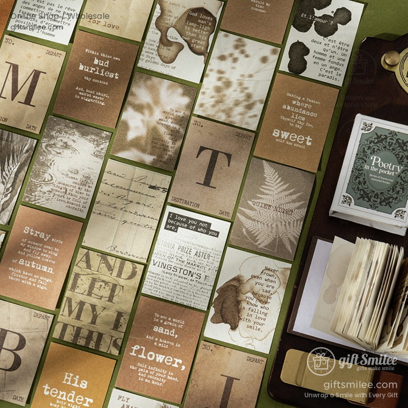 Vintageinspired brown and beige journaling cards with text botanical prints and a book labeled Poetry in the Pocket