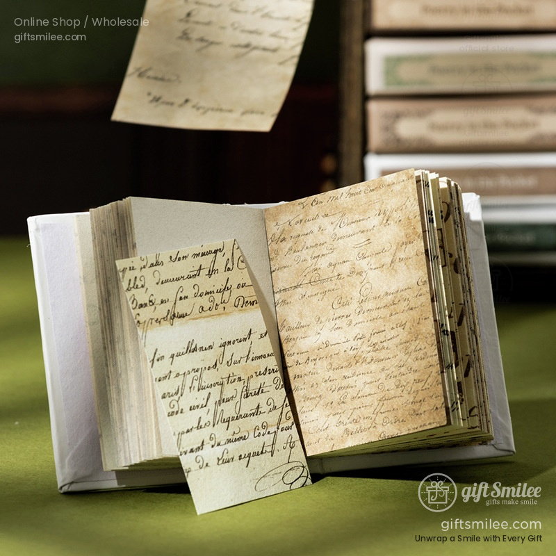 Open vintagestyle book with aged beige pages showcasing handwritten cursive script set on a green tabletop