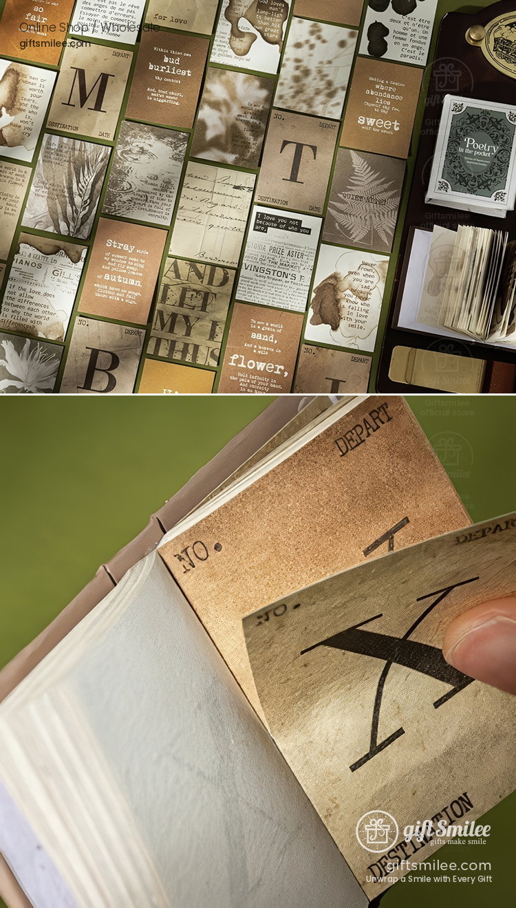 Vintageinspired stationery set with textured postcards tornedge papers layered designs and an open journal in muted tones