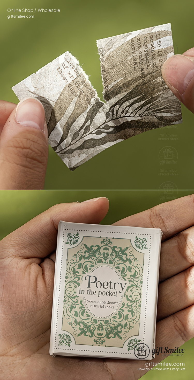 Green and white ornate mini poetry book with decorative cover shown with tearable patterned paper inserts in hand
