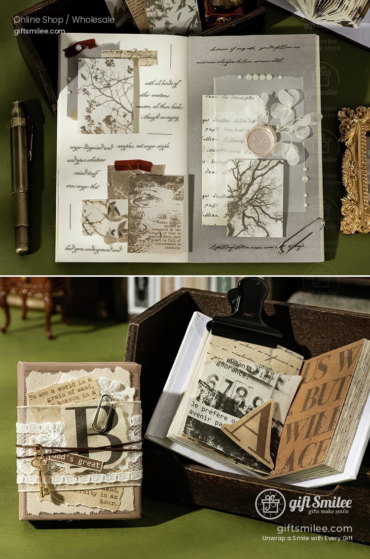 Vintageinspired scrapbook with beigetoned paper lace accents wax seals handwritten notes and nature illustrations