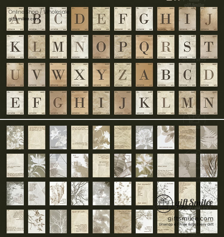 Vintagestyle alphabet and botanical print cards in neutral beige and brown tones with elegant typographic and floral designs