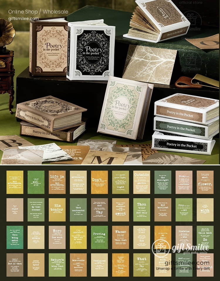 Decorative poetry book sets with ornate covers in beige black and green paired with vintagestyle pocket editions