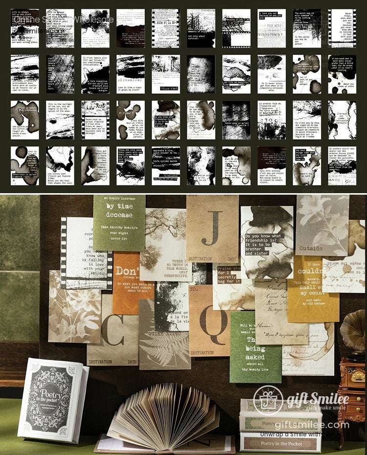 Wall display of artistic blackandwhite and sepiatoned poetry prints with abstract designs alongside rustic decor