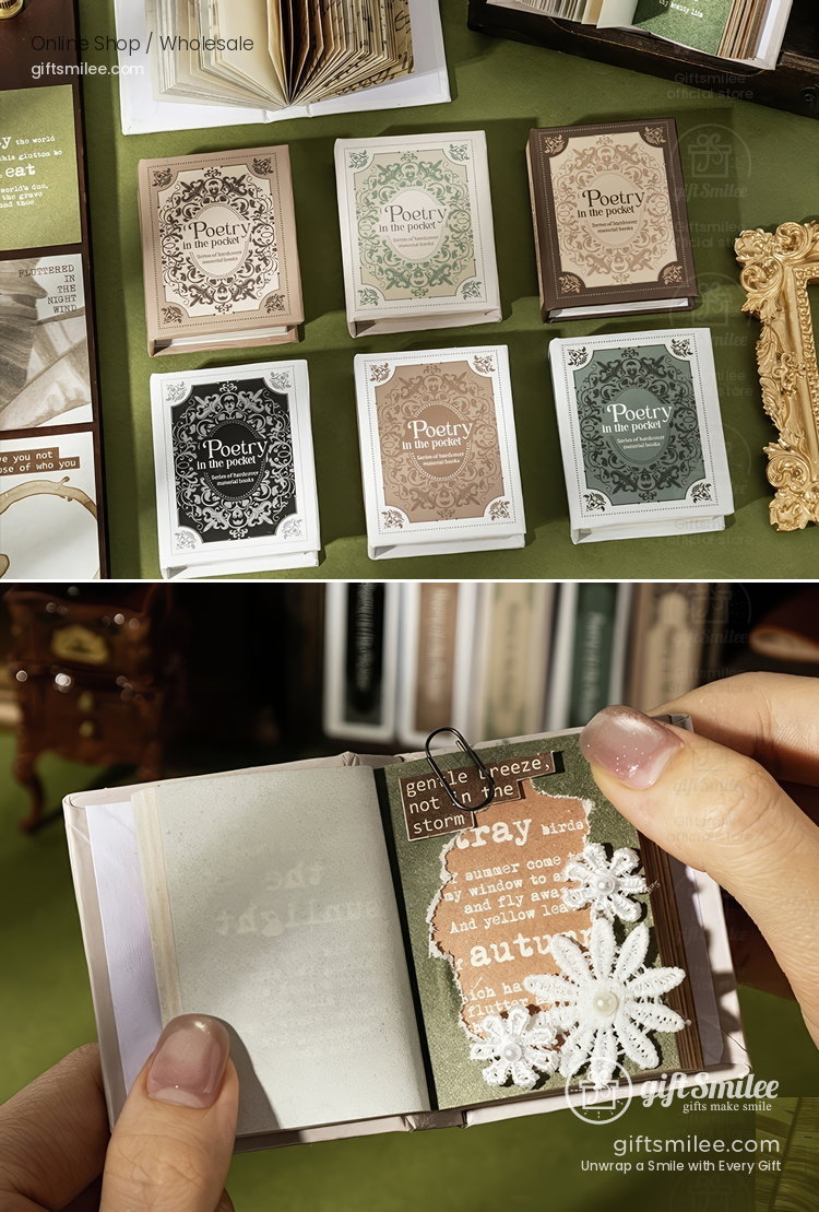 Vintageinspired mini poetry books with ornate floral covers in pastel and earthy tones featuring lace and delicate embellishments