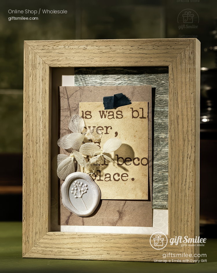 Natural wood photo frame with vintage paper art ivory floral accents and a wax seal featuring a tree design