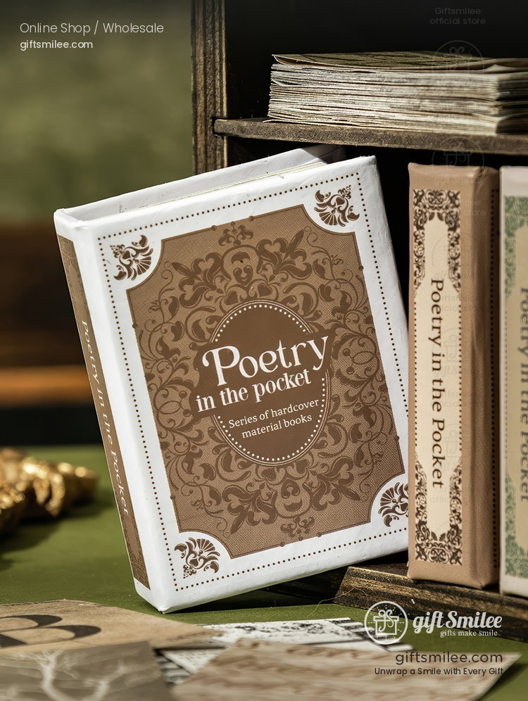 Brown hardcover book with ornate floral design white border and Poetry in the Pocket text displayed on a wooden shelf
