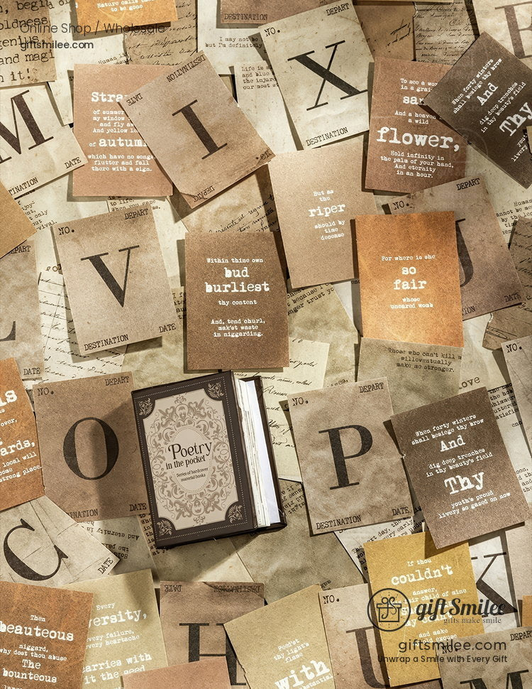Vintagestyle poetry book with ornate cover surrounded by rustic brown and beige paper cards featuring printed letters and quotes