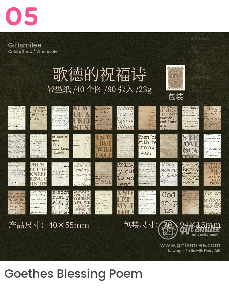 Vintagestyle beige and sepiatoned decorative paper set with handwritten script and quotes 40x55mm sheets