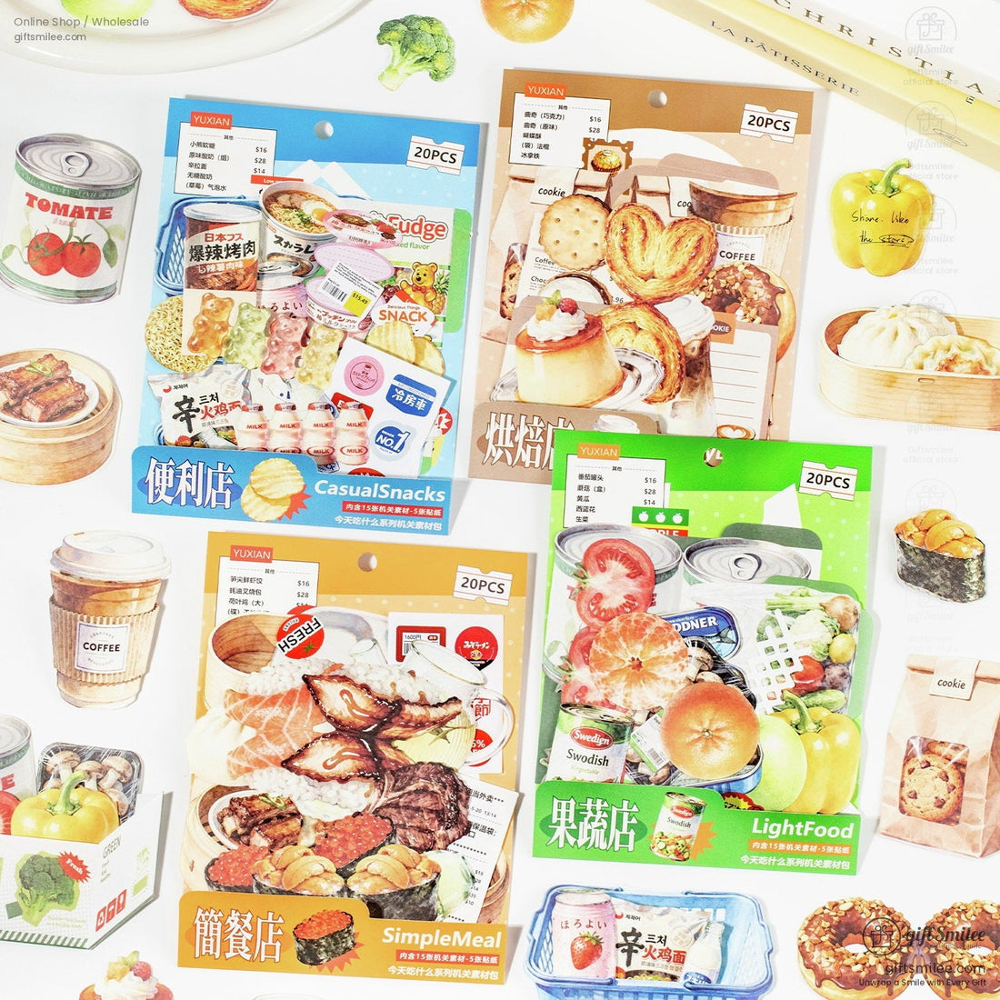Whimsical foodthemed stickers including a chocolate donut croissant coffee cup and biscuits on a spiral notebook