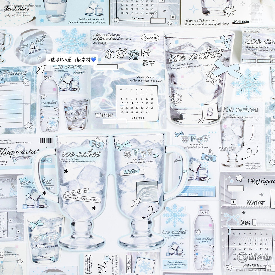 Frosted glass stickers with ice cube illustrations pastel blue accents snowflake designs and minimalist text elements