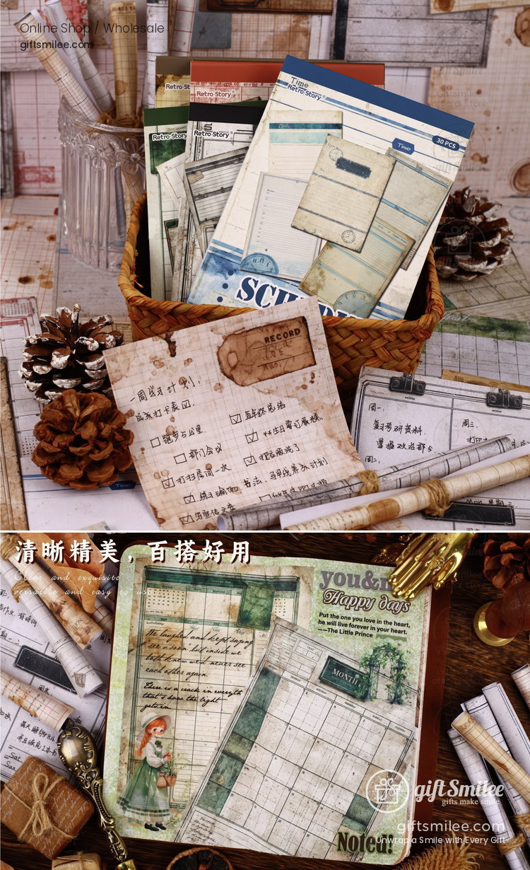 Vintage Aged Ledger Prints 30 Sheets Decorative Journaling Paper | KS-CK-1277