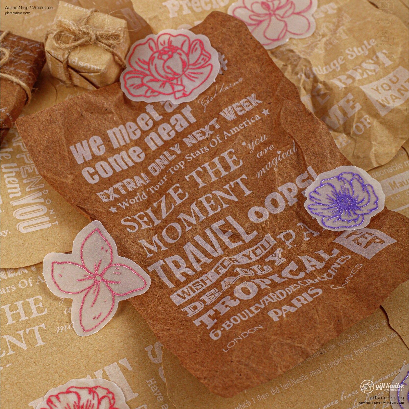 Translucent Floral Outline Stickers With Kraft Printed Backgrounds Journaling Sticker And Paper Set | KS-CK-1278