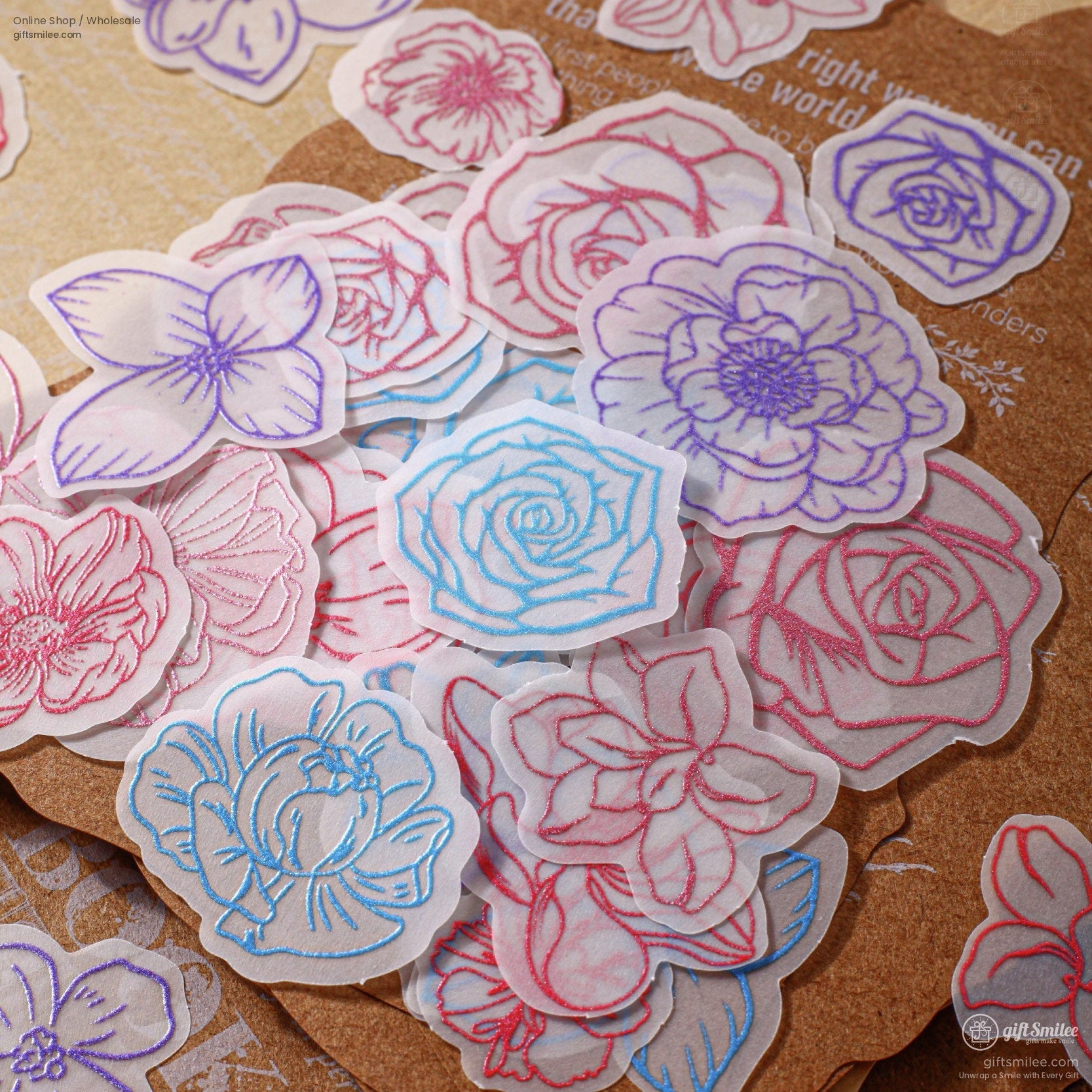 Translucent Floral Outline Stickers With Kraft Printed Backgrounds Journaling Sticker And Paper Set | KS-CK-1278