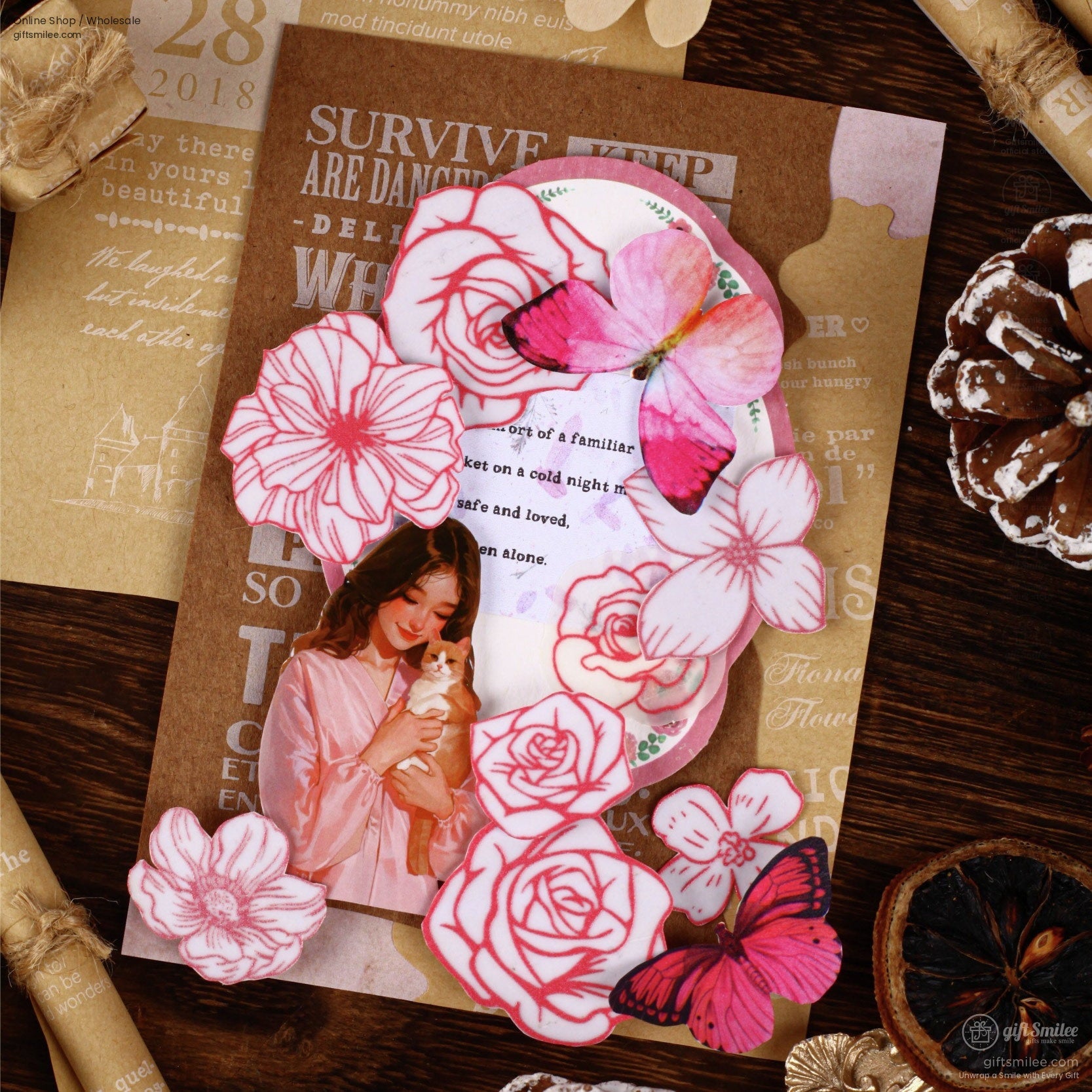 Translucent Floral Outline Stickers With Kraft Printed Backgrounds Journaling Sticker And Paper Set | KS-CK-1278