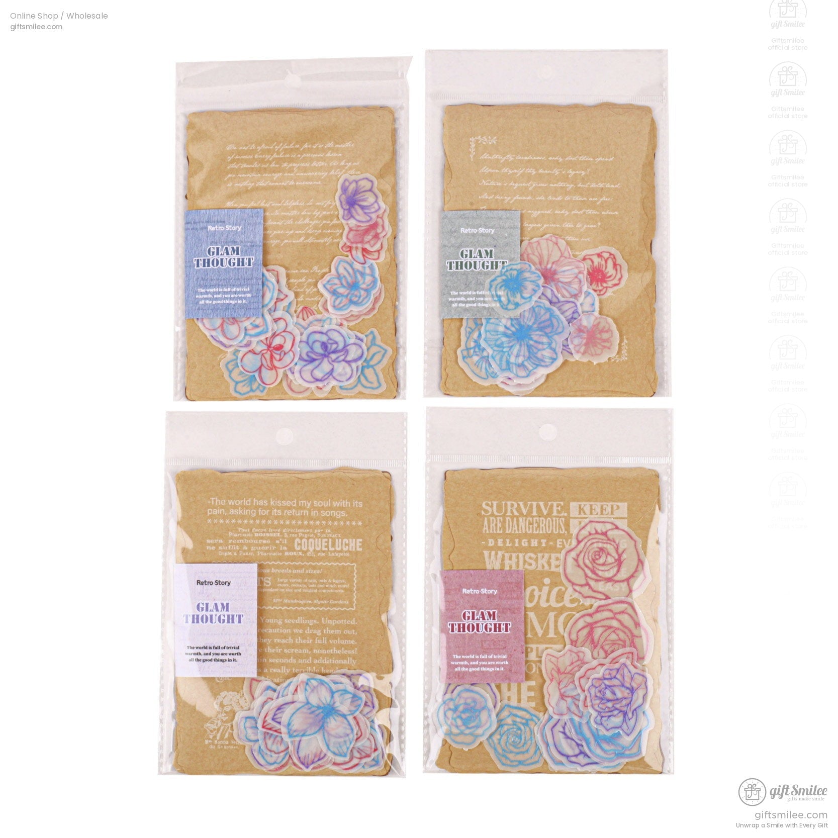 Translucent Floral Outline Stickers With Kraft Printed Backgrounds Journaling Sticker And Paper Set | KS-CK-1278