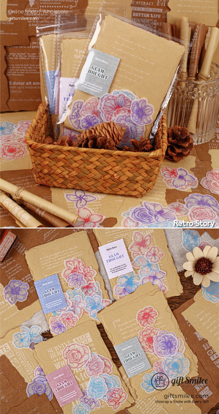 Translucent Floral Outline Stickers With Kraft Printed Backgrounds Journaling Sticker And Paper Set | KS-CK-1278
