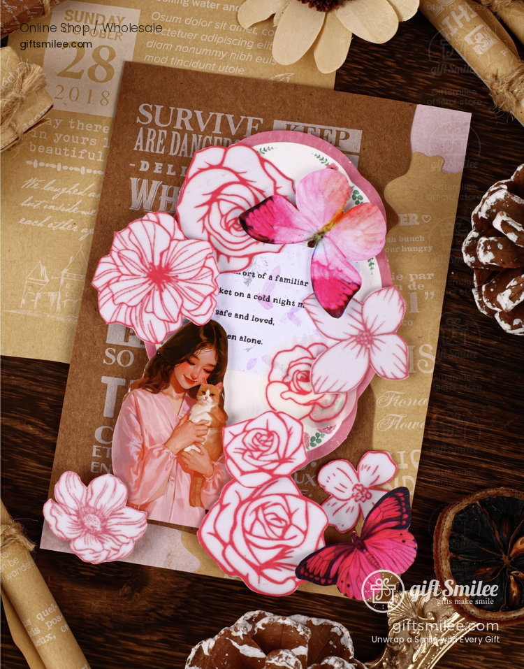 Translucent Floral Outline Stickers With Kraft Printed Backgrounds Journaling Sticker And Paper Set | KS-CK-1278