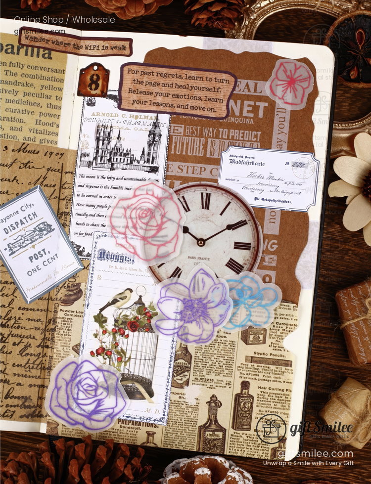 Translucent Floral Outline Stickers With Kraft Printed Backgrounds Journaling Sticker And Paper Set | KS-CK-1278