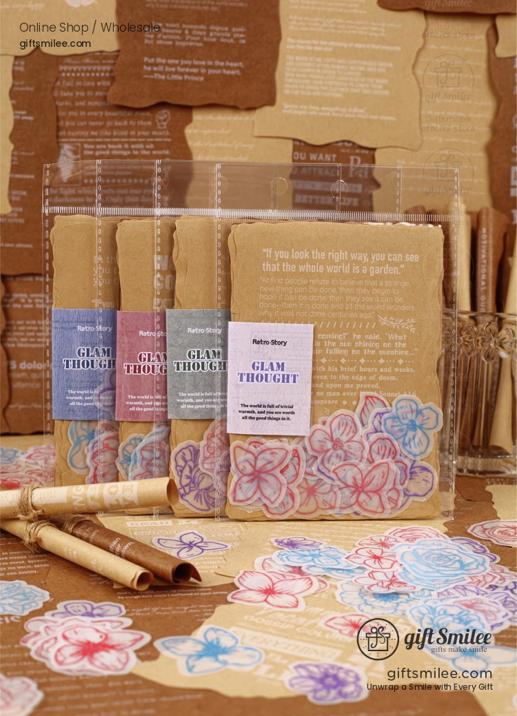 Translucent Floral Outline Stickers With Kraft Printed Backgrounds Journaling Sticker And Paper Set | KS-CK-1278