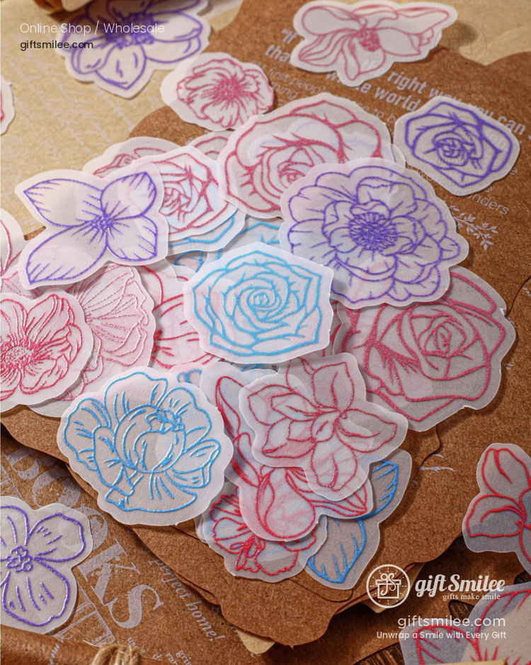 Translucent Floral Outline Stickers With Kraft Printed Backgrounds Journaling Sticker And Paper Set | KS-CK-1278