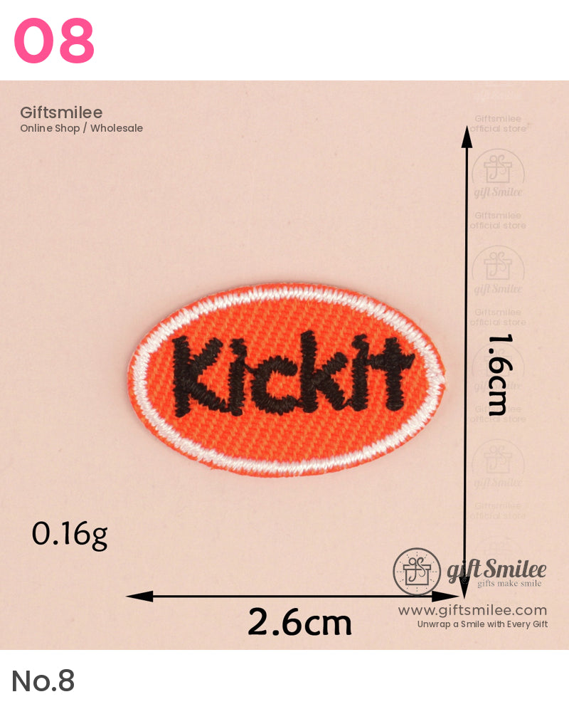 Oval orange embroidered patch with white border black Kickit text lightweight design 26cm by 16cm size