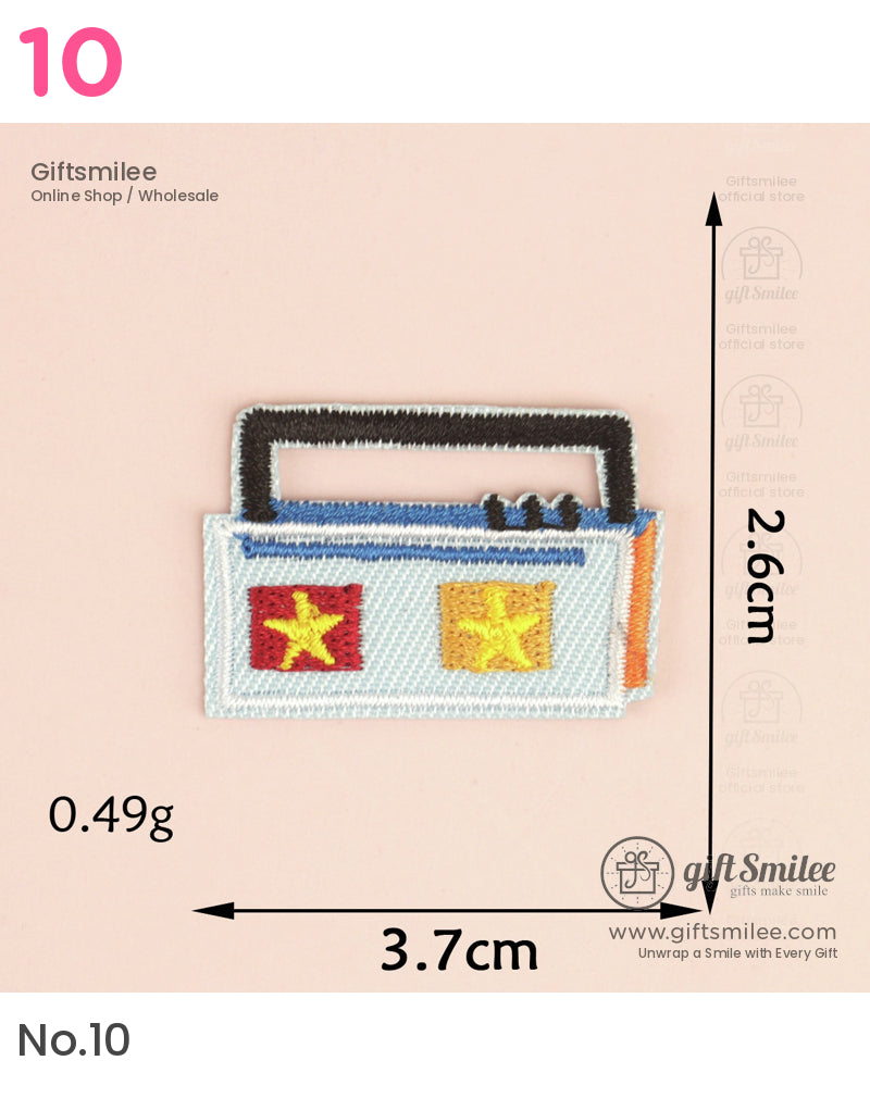 Retrostyle embroidered patch of a blue radio with black handle red and yellow star details compact and lightweight
