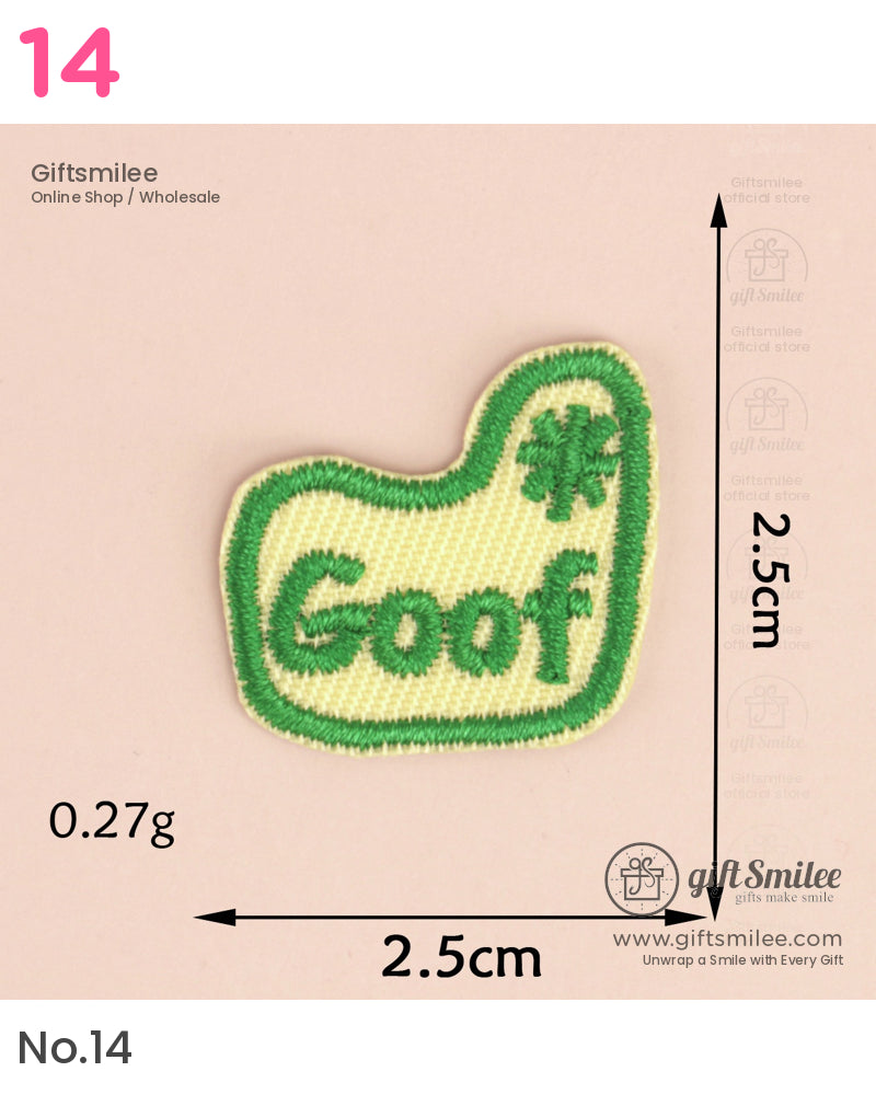 Yellow embroidered patch with green border and Goof text measuring 25 cm playful design for custom crafts