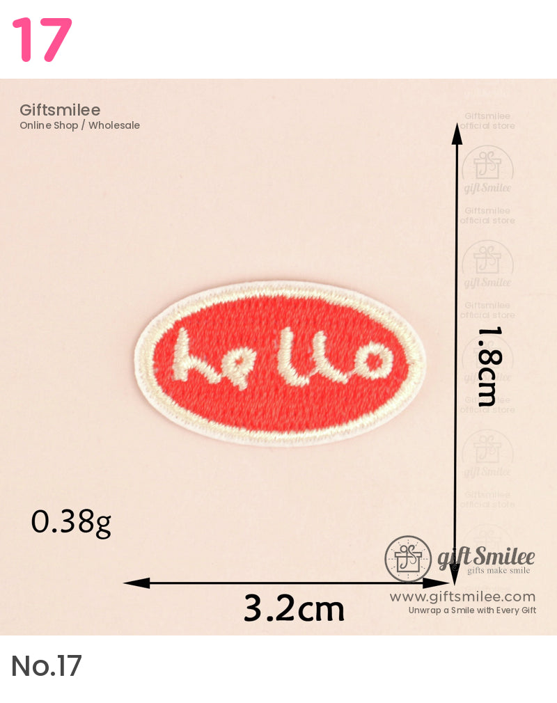 Small oval red embroidered patch with white hello text cream border lightweight at 038g 32cm x 18cm