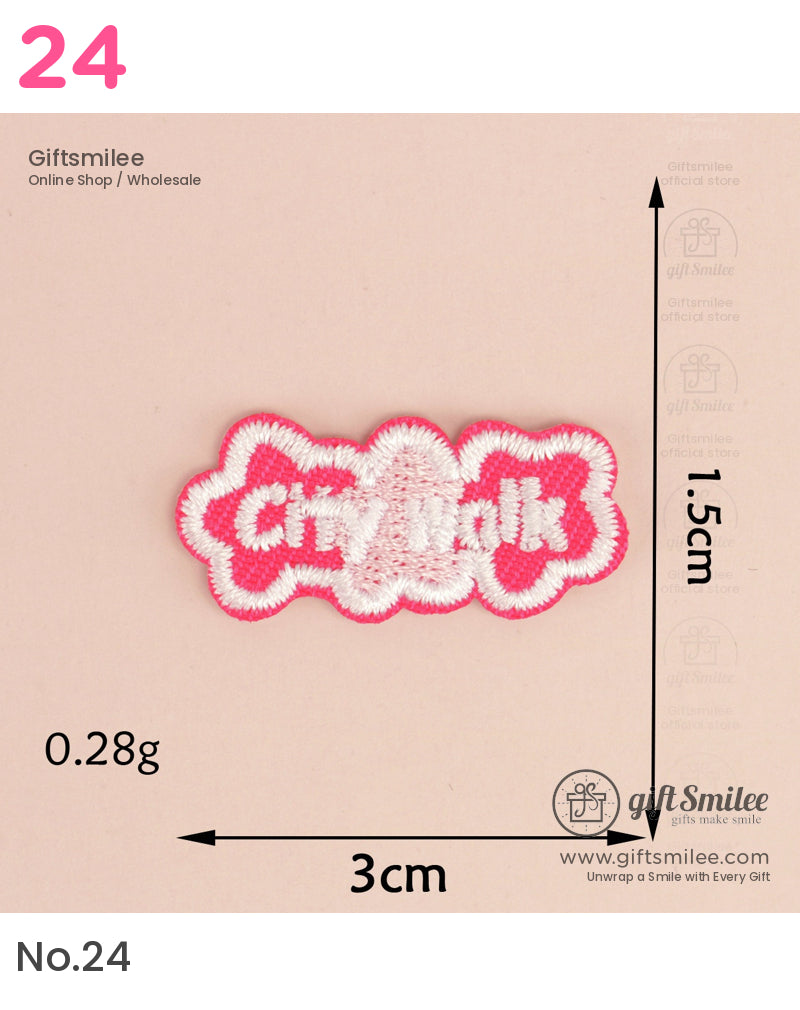 Pink and white embroidered patch with City Walk text floral border 3 cm width lightweight at 028 g