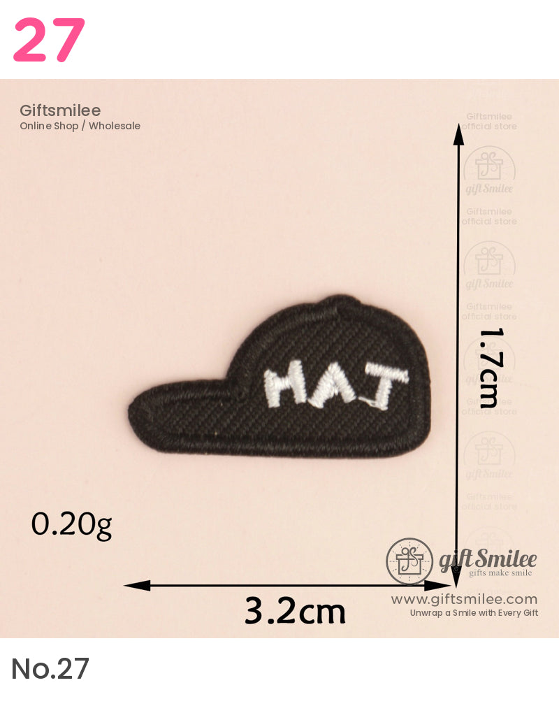 Black embroidered hatshaped patch with white HAT text lightweight measures 32 cm by 17 cm textured fabric