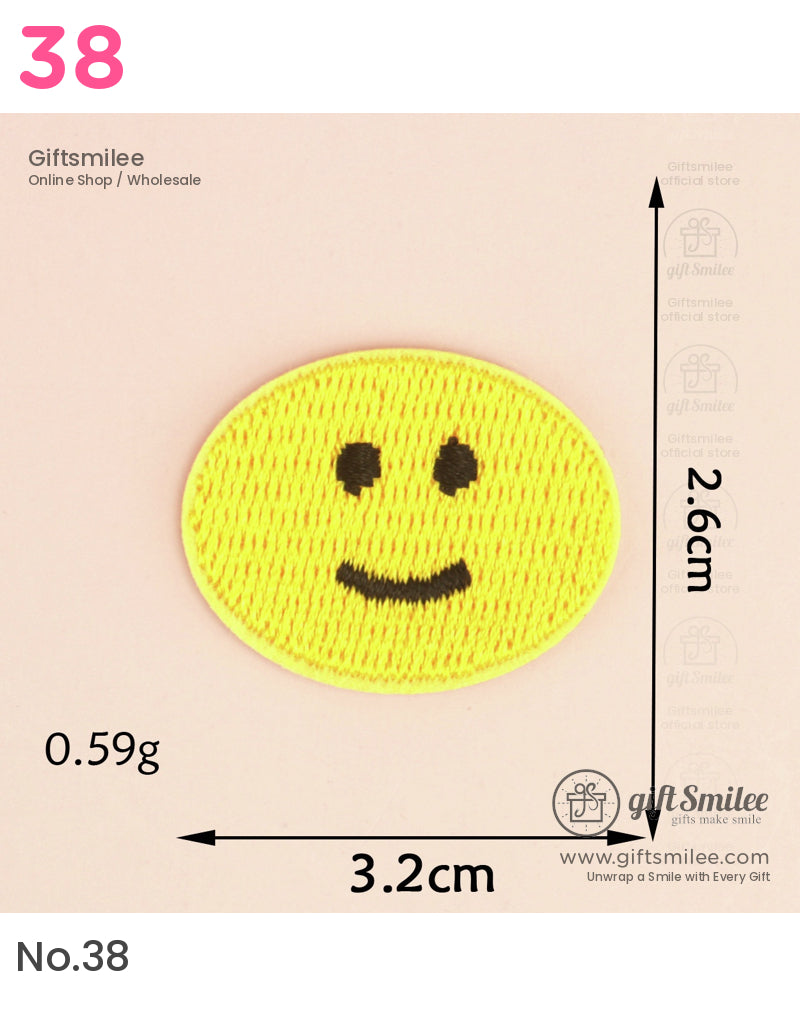 Yellow embroidered smiley face patch ovalshaped black stitched eyes and mouth 32cm x 26cm lightweight design