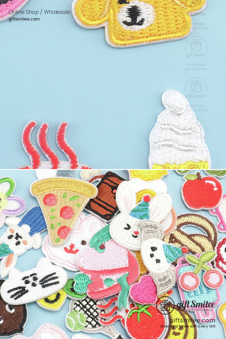 Colorful embroidered patches with playful designs including animals food and fruits on a light blue background