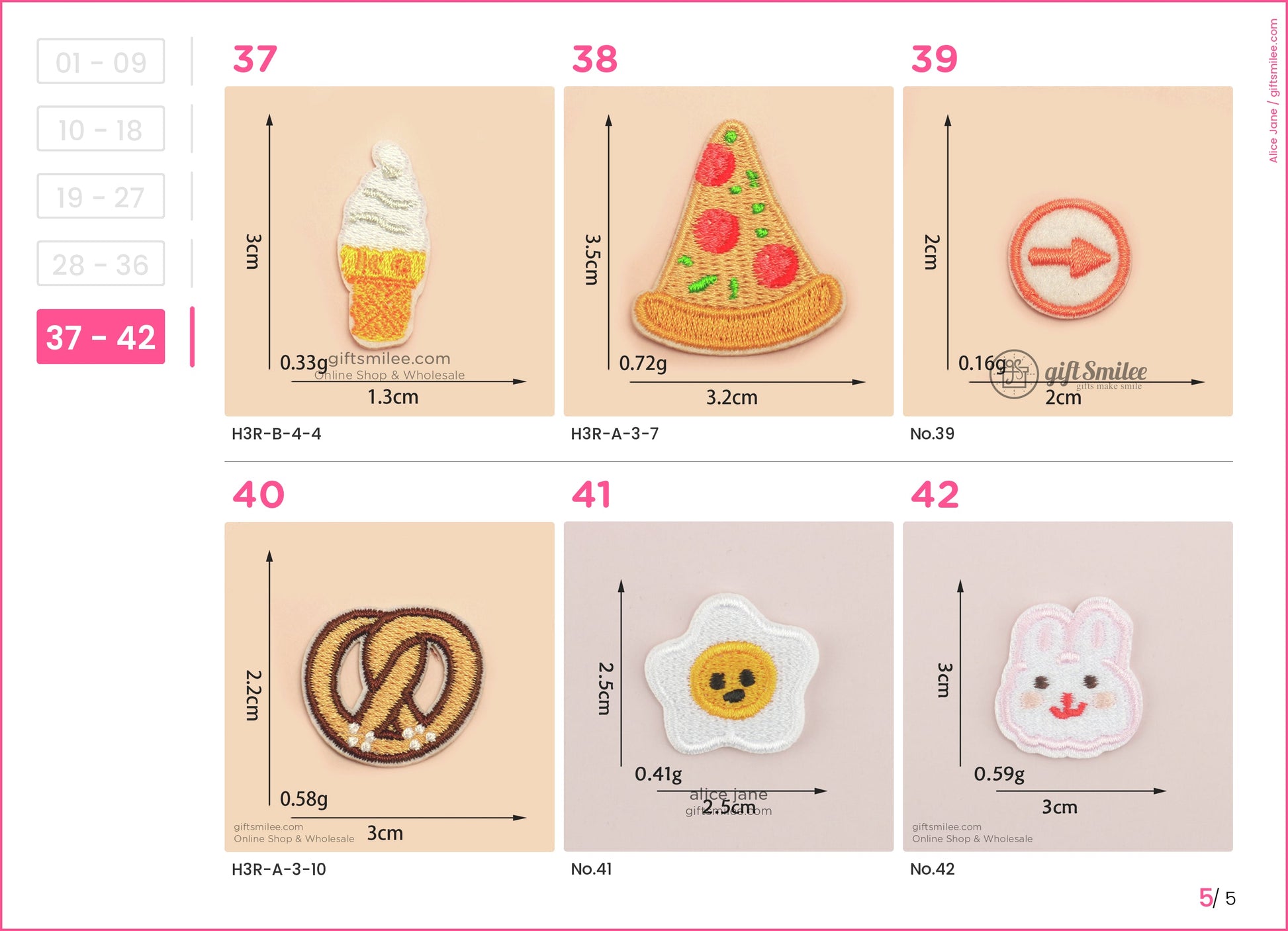 Colorful embroidered patches including an ice cream cone pizza slice arrow sign pretzel sunnysideup egg and bunny face