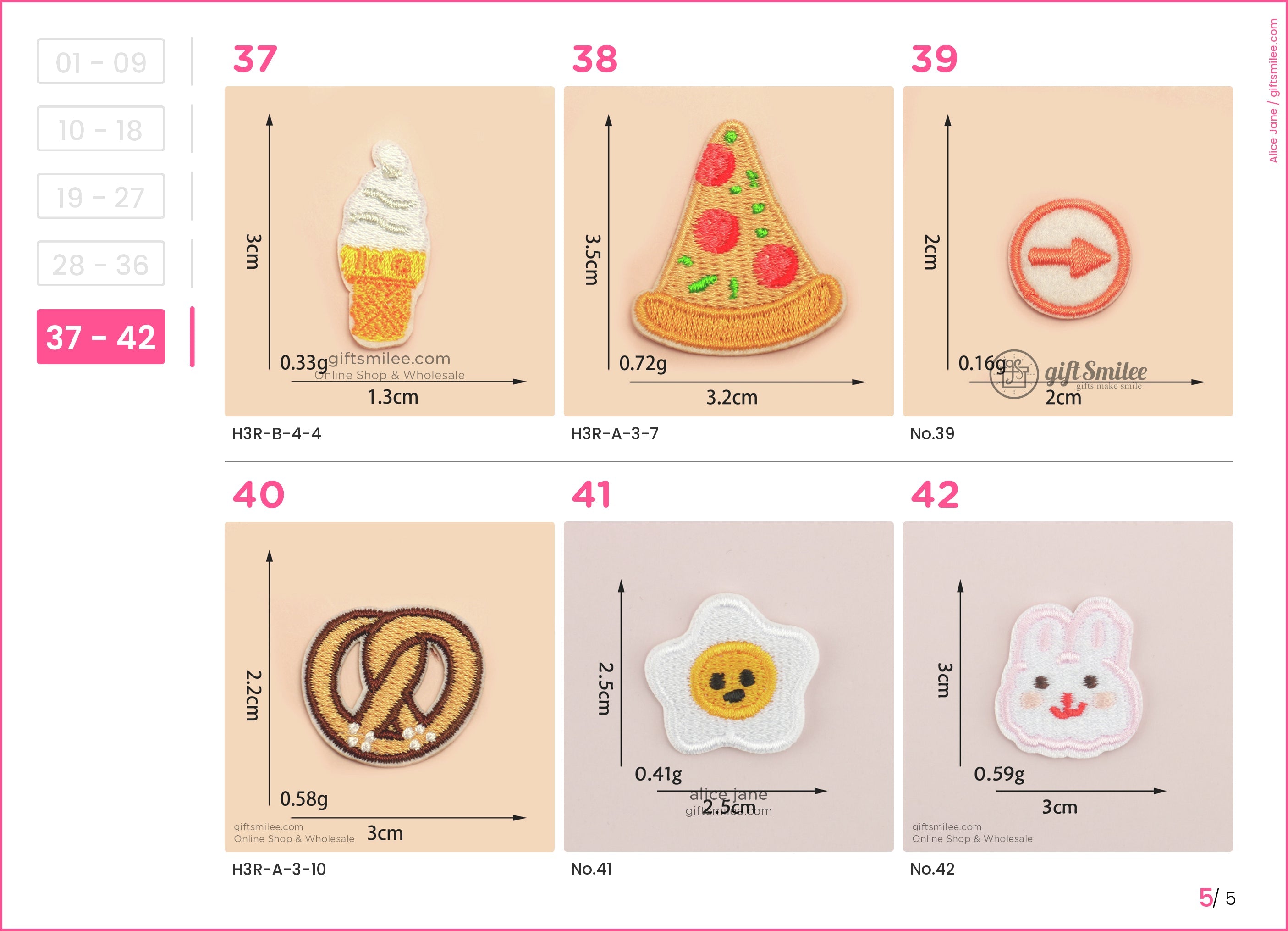 Colorful embroidered patches including an ice cream cone pizza slice arrow sign pretzel sunnysideup egg and bunny face