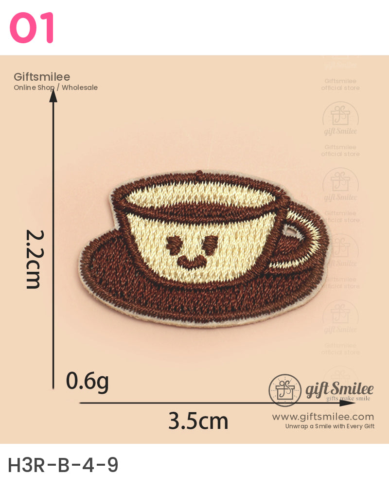 Brown embroidered coffee cup patch with smiling face cream details and saucer measuring 35cm by 22cm