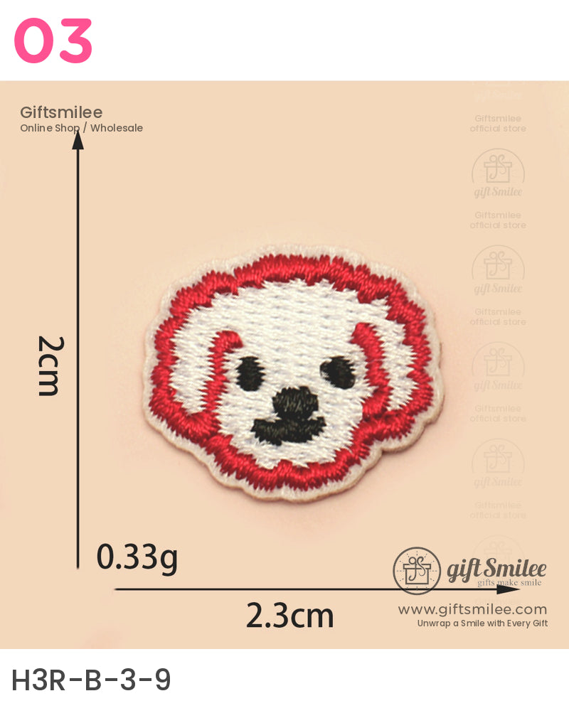 Small embroidered white dog patch with red border black facial details lightweight design 23cm wide 2cm tall