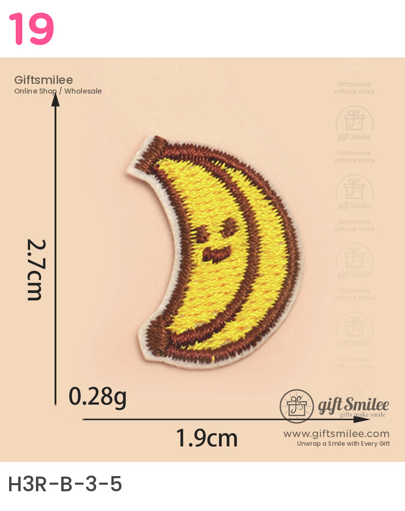Yellow and brown embroidered banana patch with smiling face compact size of 27cm x 19cm lightweight at 028g