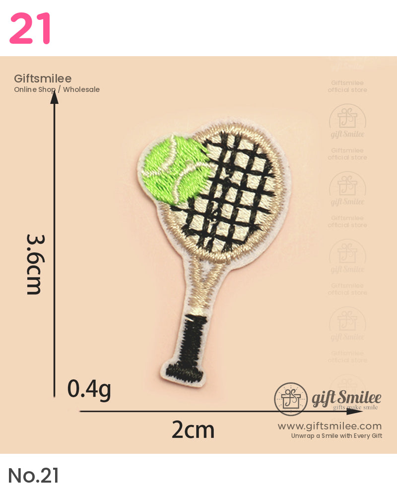 Embroidered tennis racket patch with black strings beige frame green ball detail and 36cm x 2cm dimensions