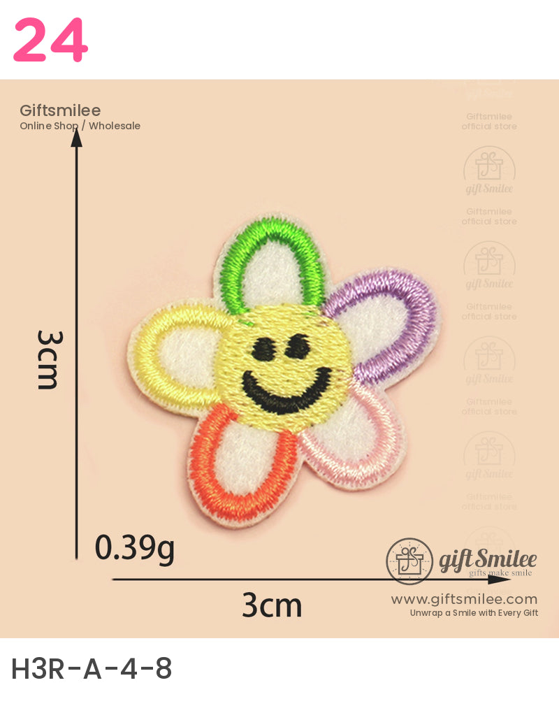 Multicolored embroidered flower patch with a yellow smiling face lightweight design measures 3cm x 3cm