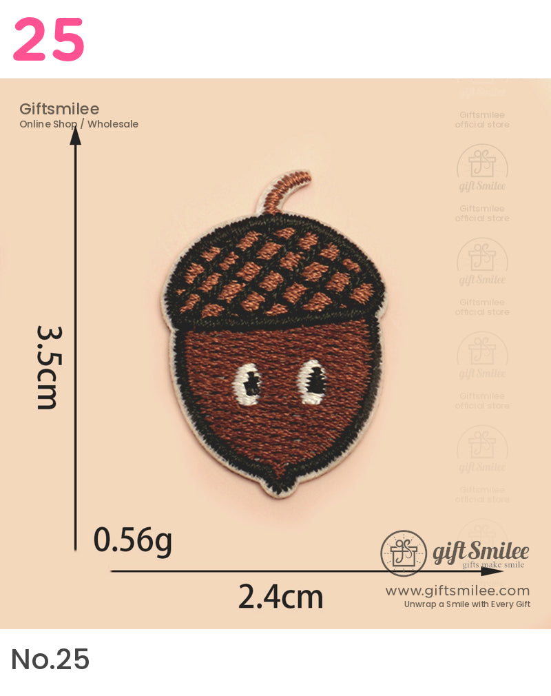 Brown embroidered acorn patch with a smiling face black outline and textured cap measuring 35cm x 24cm