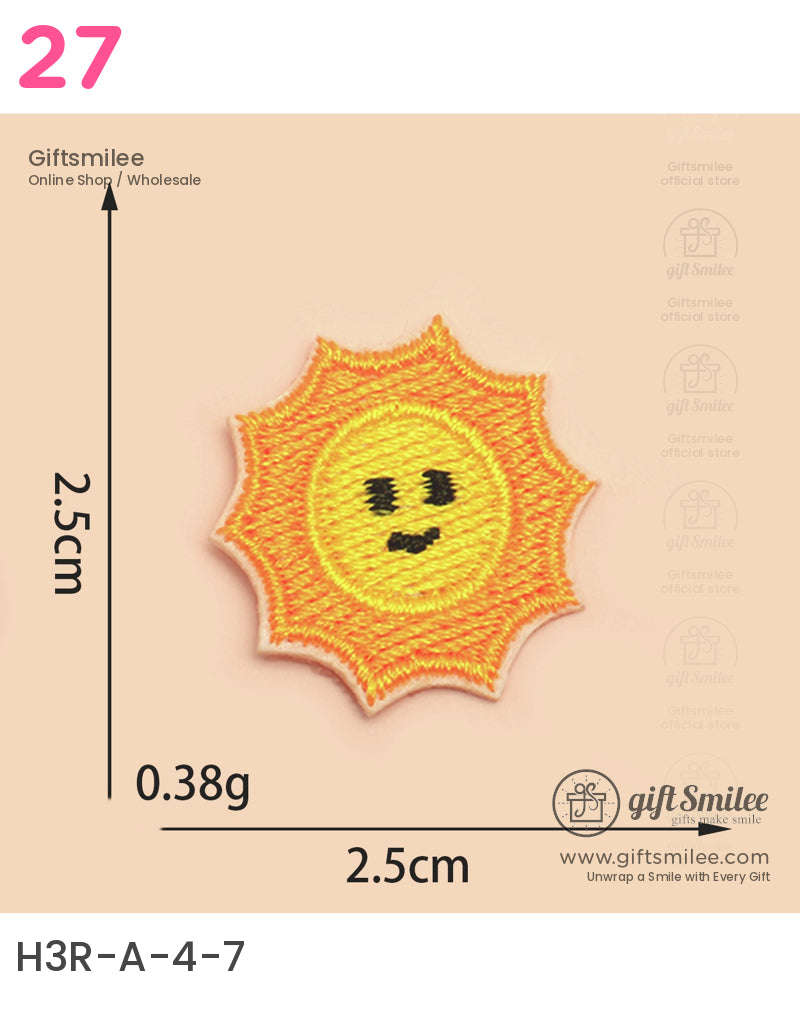 Yellow embroidered sunshaped patch with orange edges a smiling face lightweight at 038g measuring 25cm