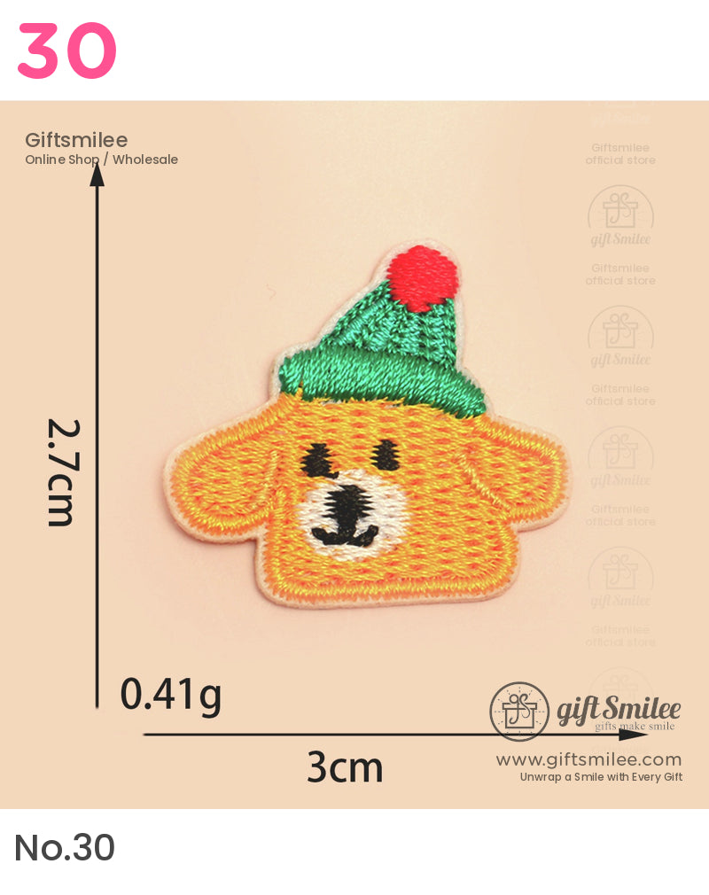 Orange embroidered dog patch with green knitted hat and red pom 3cm wide lightweight at 041g ideal for crafts