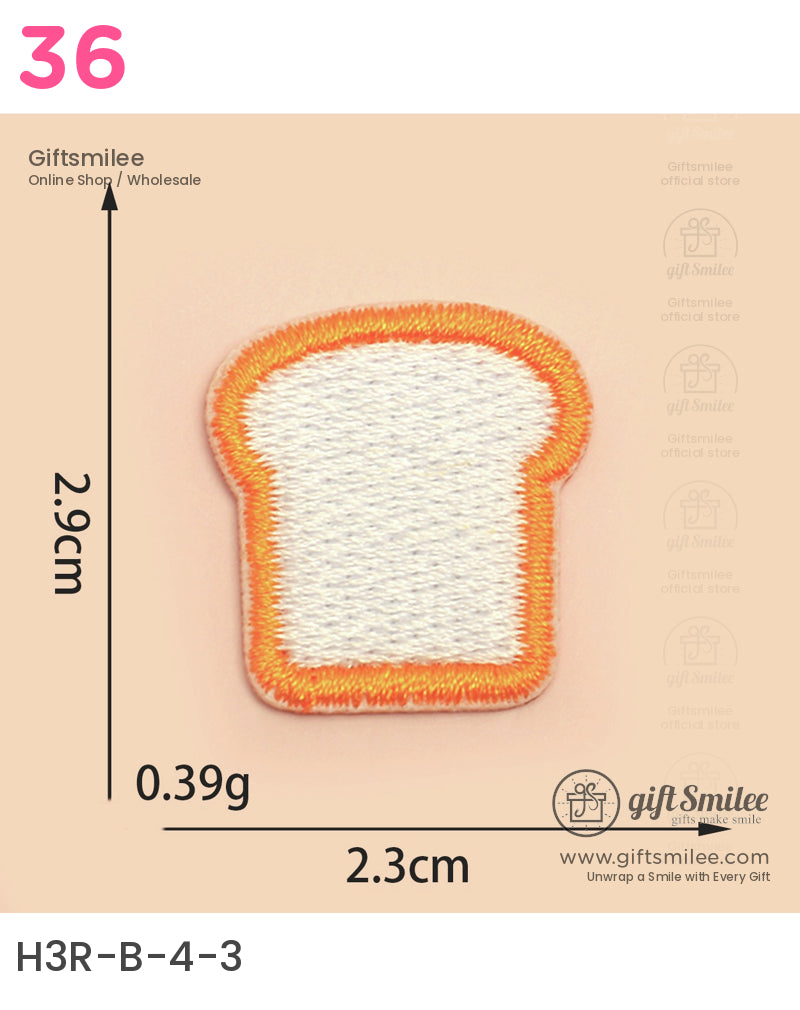 Small embroidered bread slice patch with white center orange border lightweight fabric and compact dimensions