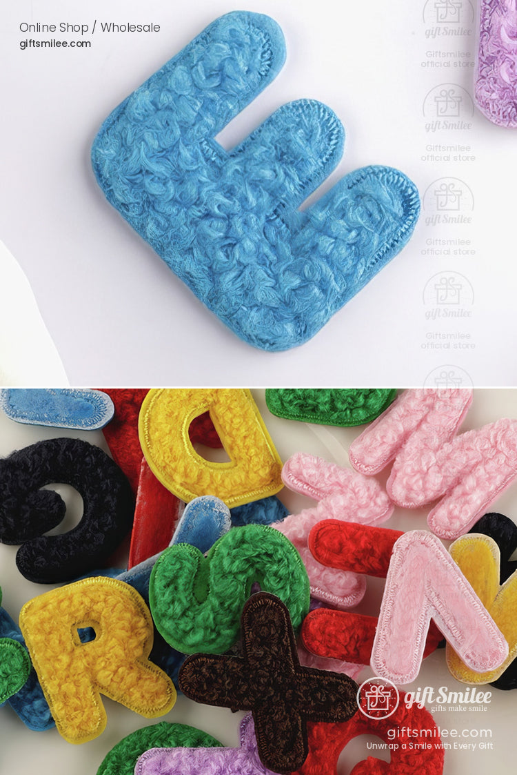 Multicolored chenille alphabet patches in soft textured fabric featuring a prominent blue E and vibrant letters