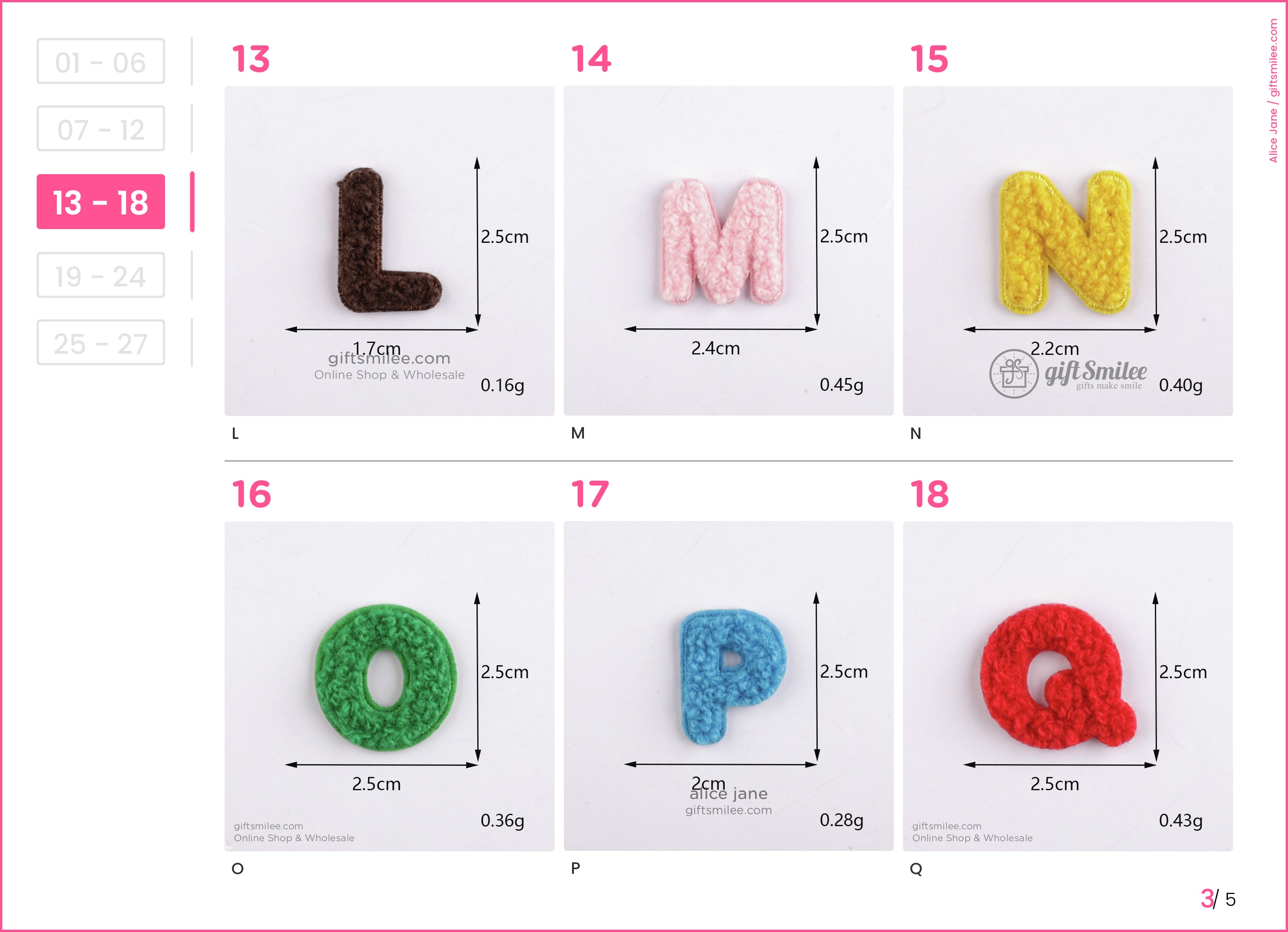 Colorful crochet letters L to Q including brown pink yellow green blue and red each with detailed measurements