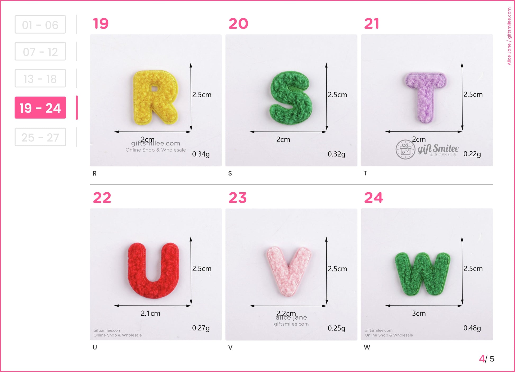 Six textured resin alphabet letters in yellow green purple red pink and green each small lightweight and colorful