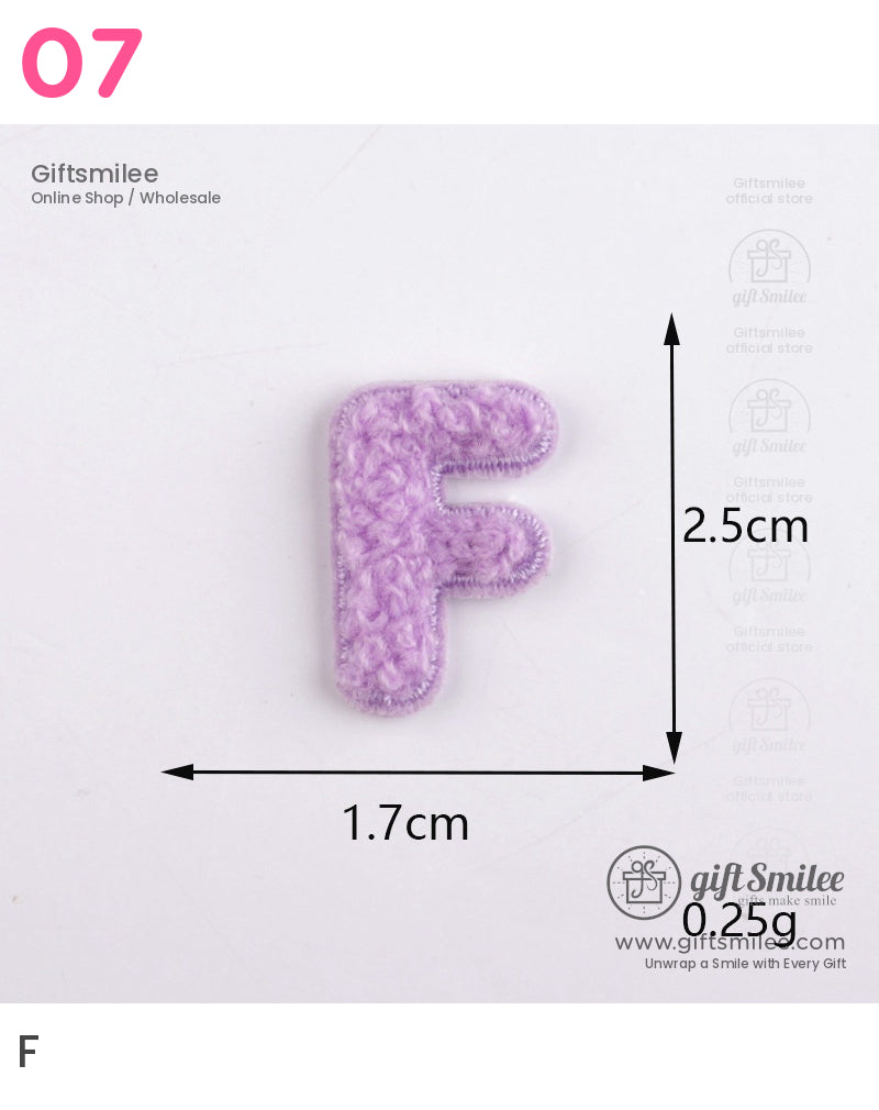 Lilac felt letter F patch with textured embroidery 25 cm height and 17 cm width lightweight at 025 g