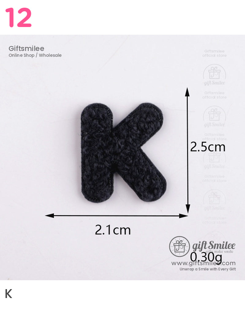 Black textured embroidered letter K patch 25 cm tall lightweight at 030 g with a soft fabric finish